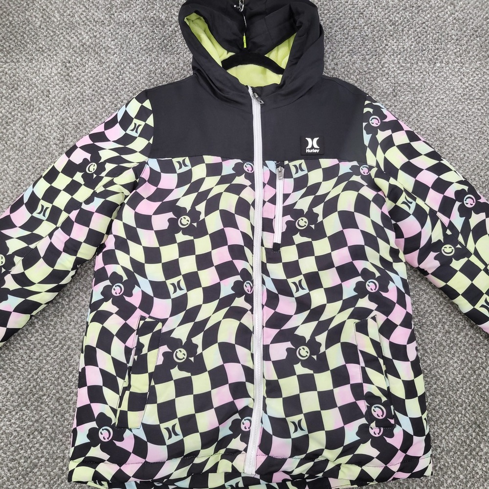 Hurley Girls XL 14/16 Hooded Puffer Jacket Warped Checkerboard Smiley Face Warm
